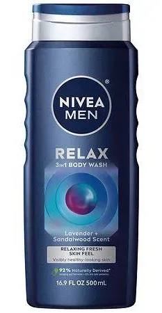 NIVEA MEN Relax 3-in-1 Body Wash, Lavender and Sandalwood Scent, 3-in-1 Men's Body Wash, Face and Hair, Paraben Free, Vegan Formula, 16.9 Fl Oz Bottle, Pack of 3