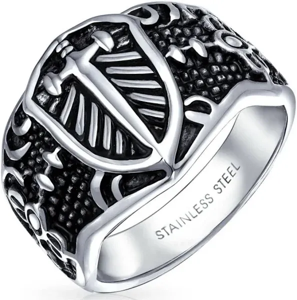 Religious - Viking Shield Maltase Fleur De Lis Cross Signet Band Ring, Oxidized Silver Tone, Stainless Steel