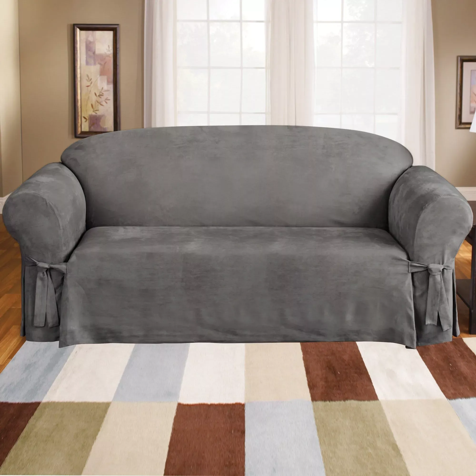 SureFit Soft Suede One Piece Sofa Slipcover with Ties  Machine Washable   Outlet in Middle Grey