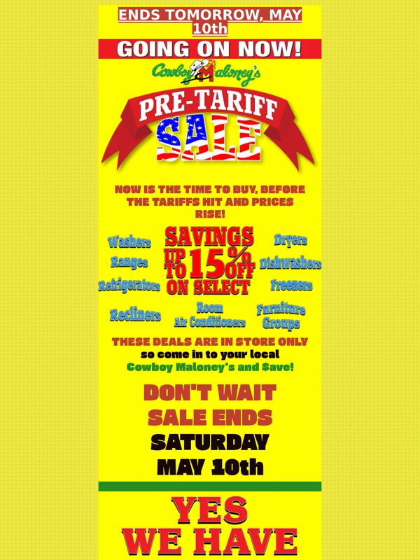 Cowboy Maloney - ⏰ Ends Tomorrow! Save Up to 15% at Cowboy Maloney’s Tariff Sale!