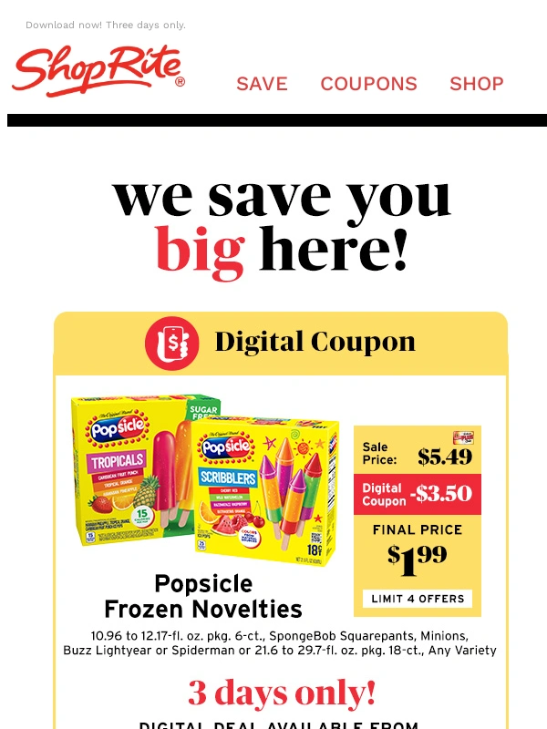 Shoprite - $1.99 Popsicle Frozen Novelties an exclusive Digital Deal!