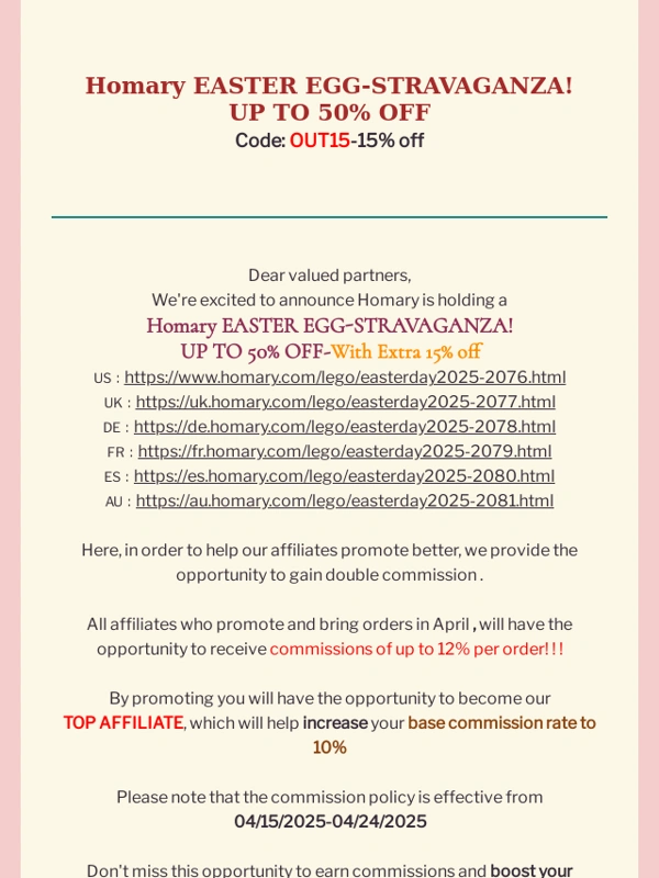 Homary - Fwd: Homary EASTER EGG-STRAVAGANZA! UP TO 50% OFF and Earn double commission!!