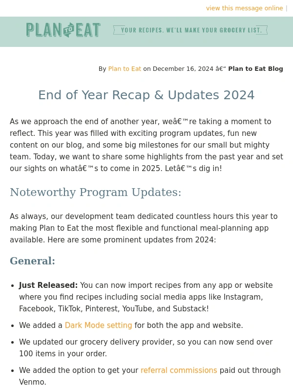 Plan to Eat - End of Year Recap & Updates 2024