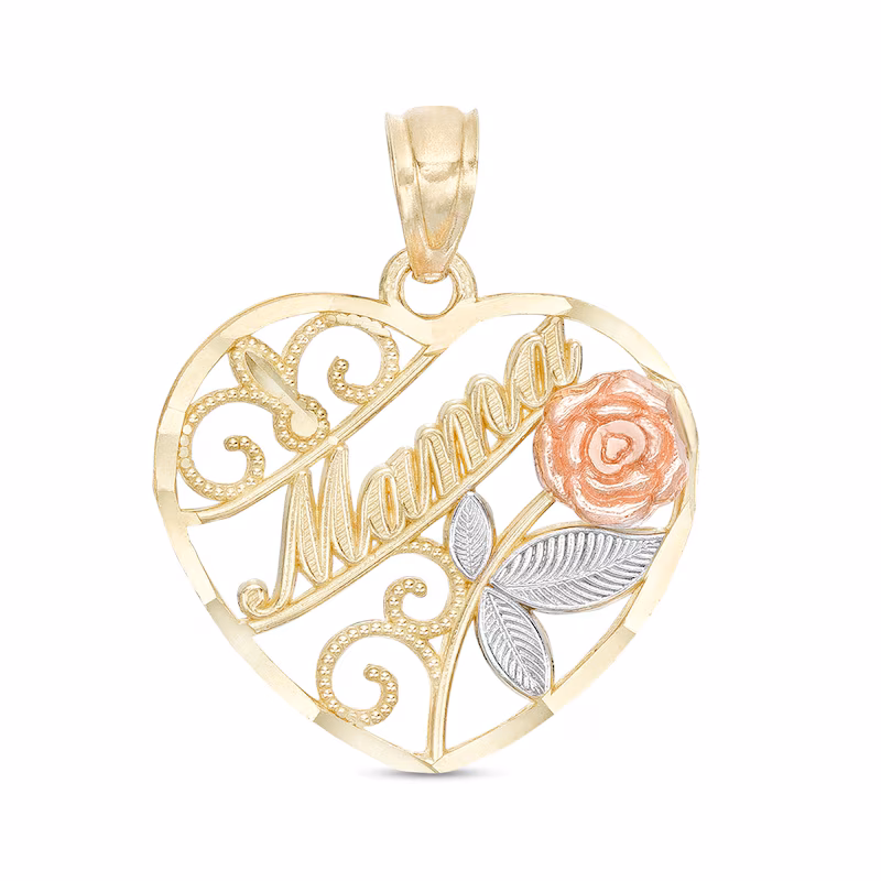 10K Gold Mama Rose Heart Tri-Tone Necklace Charm