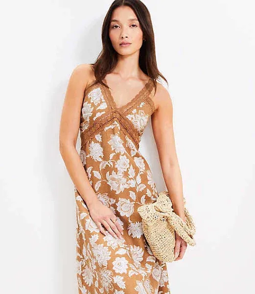 Loft Women's Floral Lace Trim Linen Blend Midi Dress