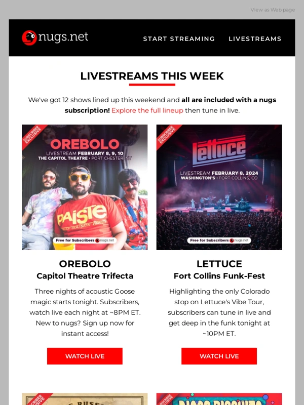 Nugs - ? Watch Live: Orebolo,JRAD,Lettuce,Disco Biscuits,&