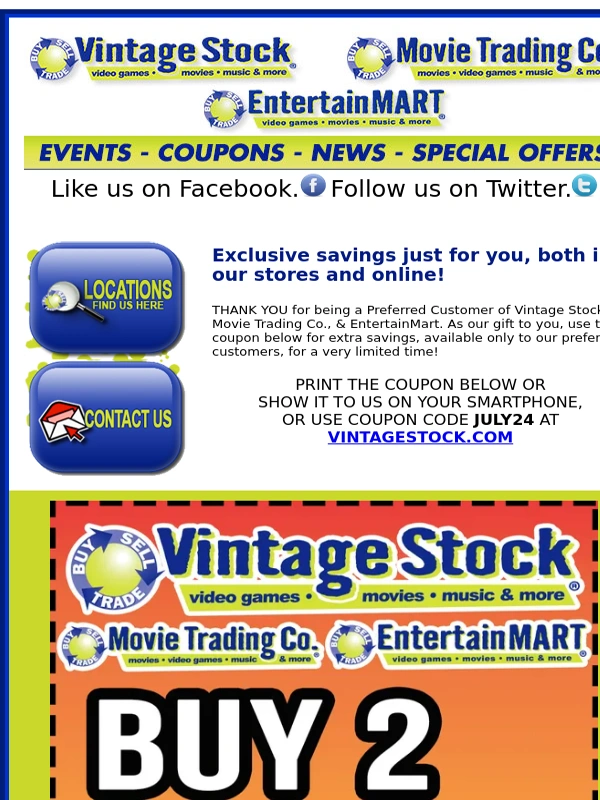 Vintage Stock - Buy 2,Get 1 Free COUPON! July 15-18 only