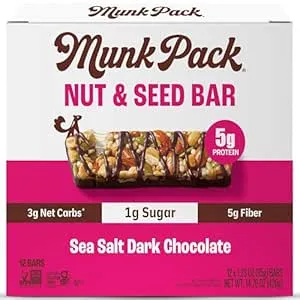 Munk Pack Nut & Seed Snack Bars - 5g Protein, 1g Sugar, 3g Net Carbs, Low Sugar, Keto, and Gluten Free Snack for Adults and Kids, Sea Salt Dark Chocolate – 4.92 oz, 24 Pack