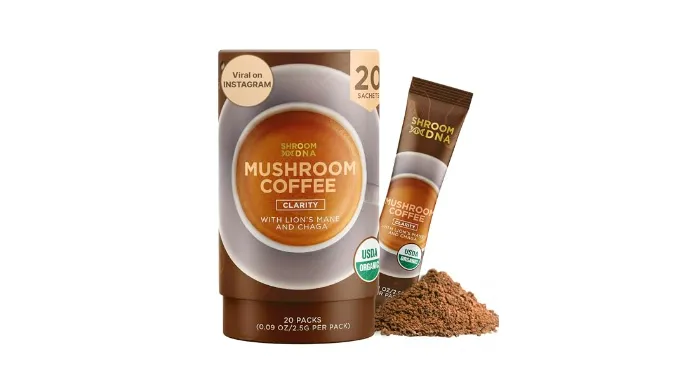 ShroomDNA Mushroom Coffee Blend with Chaga & Lions Mane | Instant Focus + Clarity All Day | Organic + Vegan + Gluten Free | No Added Sugar | 20 Count