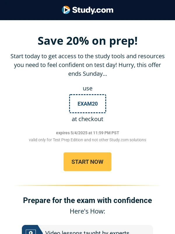Study.com - Last chance ➡️ save 20% on exam prep!