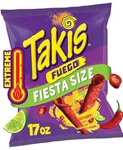 Takis - Fuego 17 oz Fiesta Size Bag, Hot Chili Pepper & Lime, Extreme Spicy Rolled Tortilla Chips