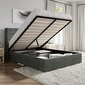 Sha Cerlin Queen Size Lift Up Modern Storage Upholstered Bed Frame with Hydraulic Storage/No Box Spring Needed And Wood Slats Support (Dark Grey, 84"L x 64"W x 44.5"H )