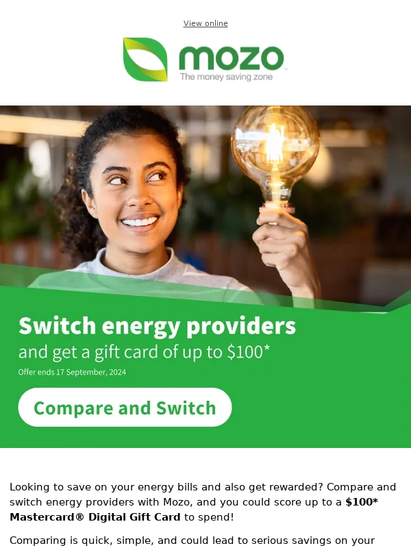 Mozo - Switch energy providers and get a giftcard of up to $100*