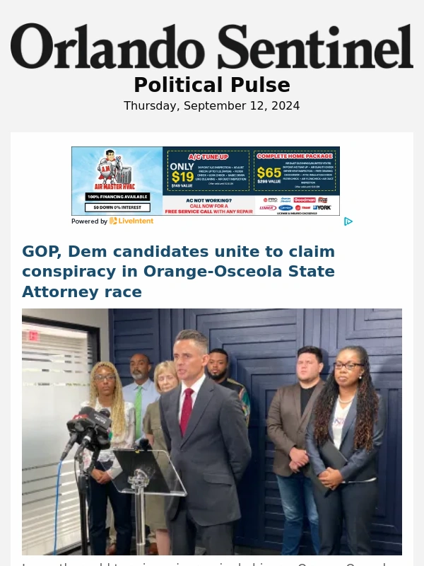 Orlando Sentinel - Conspiracy claims in state atty race | State 'ad' website on Amdt 4 slammed | GOP mum on Amesty
