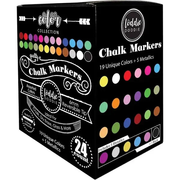 Loddie Doddie Liquid Chalk Markers (24-Pack) - Dust-Free Erasable Pens for Windows, Glass, Chalkboard & Blackboard - 6mm Reversible Bullet & Chisel Tip