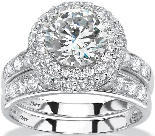 PalmBeach Jewelry 10K White Gold Cubic Zirconia Halo Bridal Ring Set