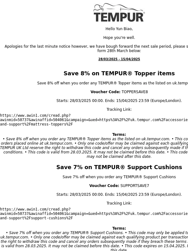 Tempur - Fwd: TEMPUR® UK (50737): TEMPUR Offers 28/03/2025 - 15/04/2025