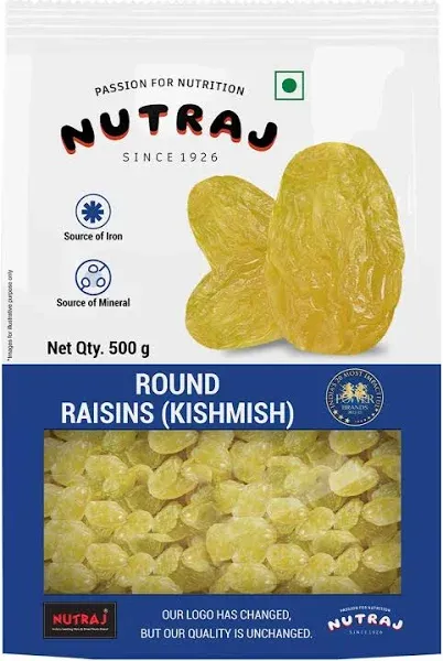 Nutraj Raisins (Round) 500g | Kishmish | Rich in Iron & Vitamin B | Special Seedless Green Kishmish | Healthy Snacks | Dry Fruits | Healthy and Tasty