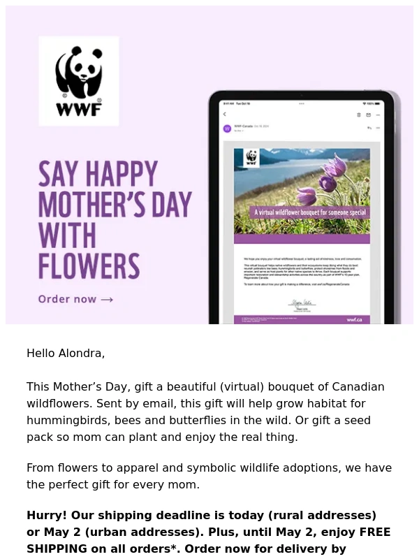 WWF - Send mom a bouquet of wildflowers that nourish nature
