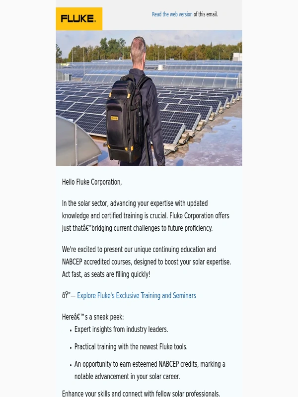 Fluke - Fluke Corporation,Brighten Your Solar Career with Fluke's Expert Training and NABCEP Credits!