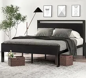 SHA CERLIN 14 Inch Full Size Metal Platform Bed Frame with Wooden Headboard and Footboard, Mattress Foundation, No Box Spring Needed, Large Under Bed Storage, Non-Slip Without Noise, Black Oak
