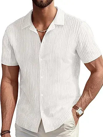 PJ PAUL JONES Mens Casual Shirts Summer Short Sleeve Textured Shirts Summer Cuban Collar Shirts