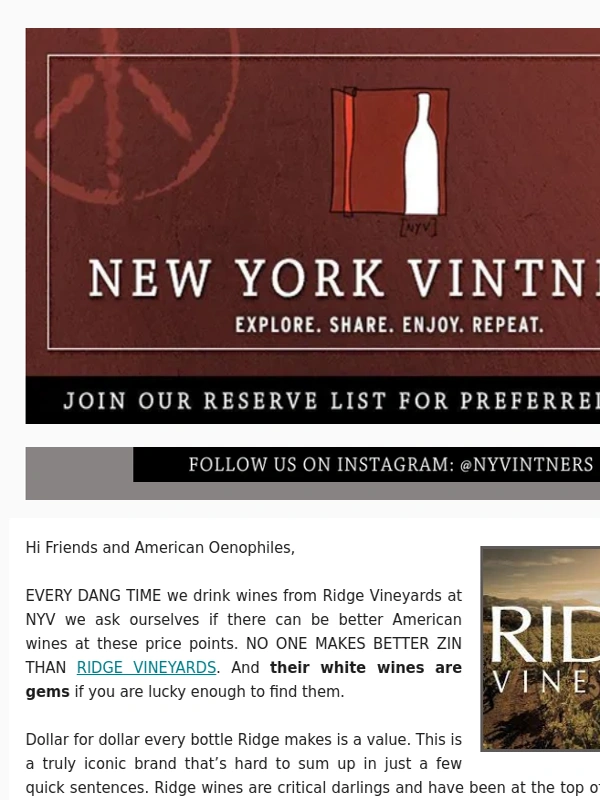 Ridge - Ridge Vineyards: RARE Pair from a Cali wine legend!!