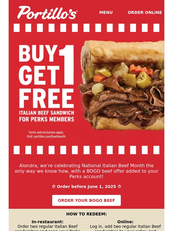 Portillo's - BOGO Italian Beef Starts Now ?