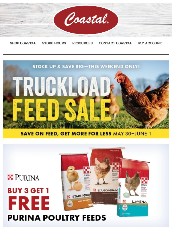 Coastal Farm and Ranch - ALL ON SALE! Poultry Feeds,Layer Pellets,Equine Feed & Farm Supplies—2 Days LEFT