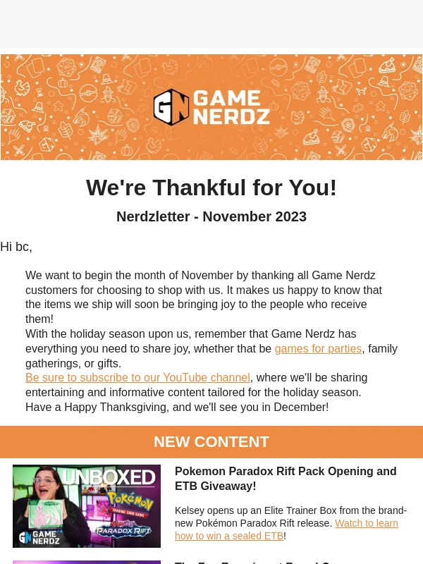 Game Nerdz - We're Thankful for You! - November Nerdzletter '23
