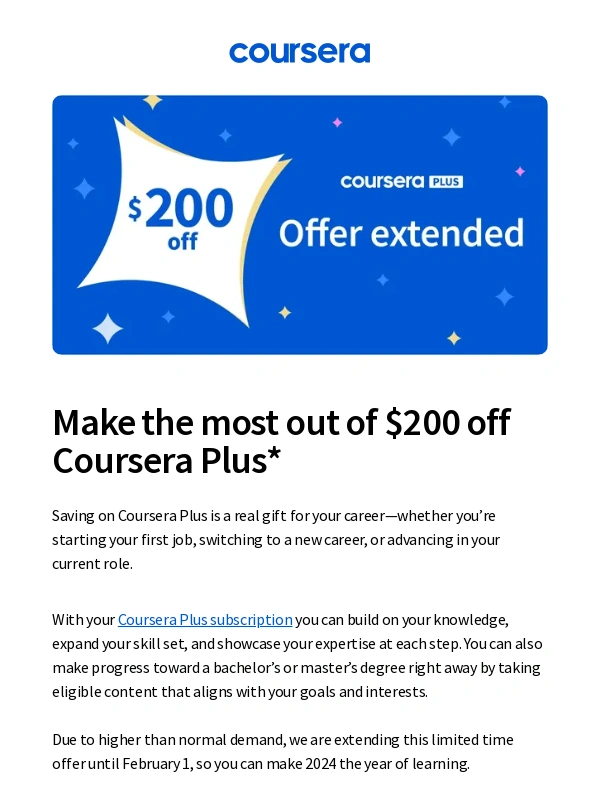 Coursera - Offer extended! $200 off Coursera Plus