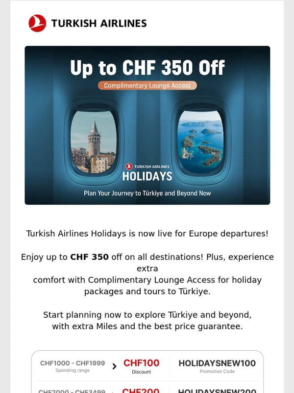 Turkish Airlines - Turkish Airlines Holidays Launches in Europe – Up to CHF 350 Off & Complimentary Lounge Access and More!