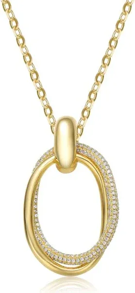 Rachel Glauber 14k Gold Plated Sterling Silver with Cubic Zirconia Double Entwined Oval Eternity Circle Pendant Necklace