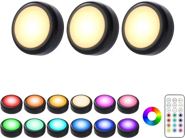 LED Puck Lights with Remote Control, Under Cabinet Lighting 13 Colors Changeable Battery Operated Wireless Closet Lights, Stick on Tap Push Lights, Co