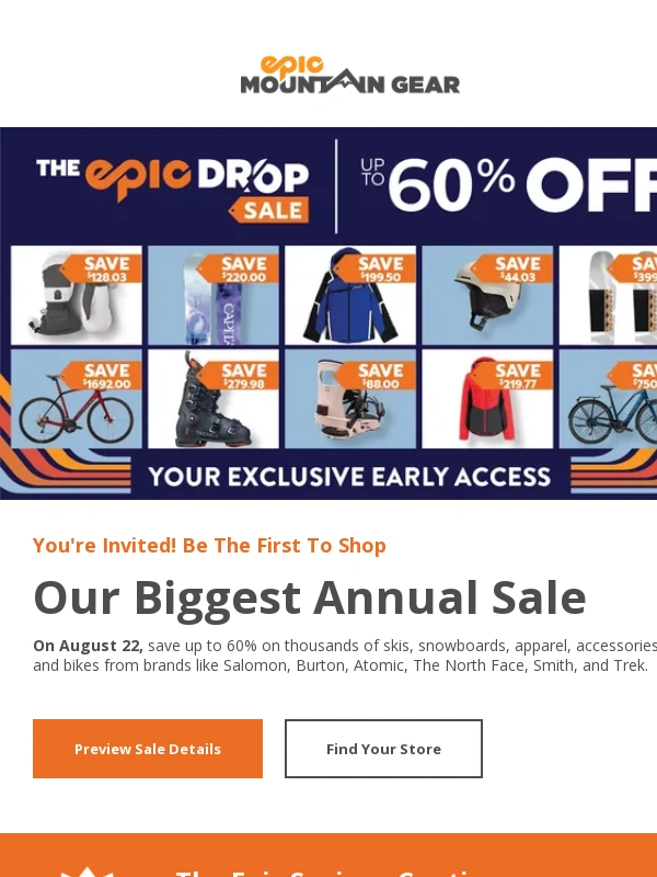 Epic Mountain Gear - Exclusive early access! Up to 60% off winter gear & bikes