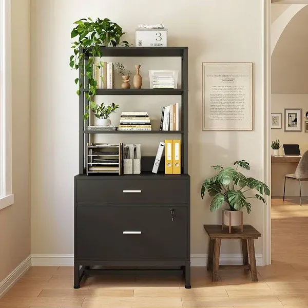 2-Drawer Vertical Filing Cabinet with Lock and Bookshelf