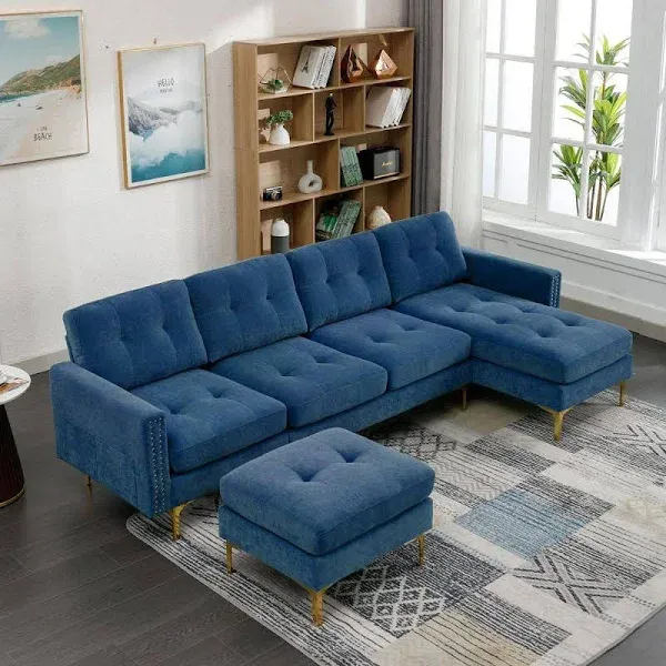 110.6 in. Velvet L-Shape Convertible Sectional Sofa with Movable Ottoman