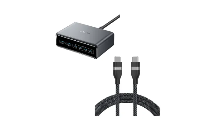 Anker Prime Charger (200W, 6 Ports, GaN) and Anker USB-C to USB-C Cable (6 ft, 240W, Upcycled-Braided)