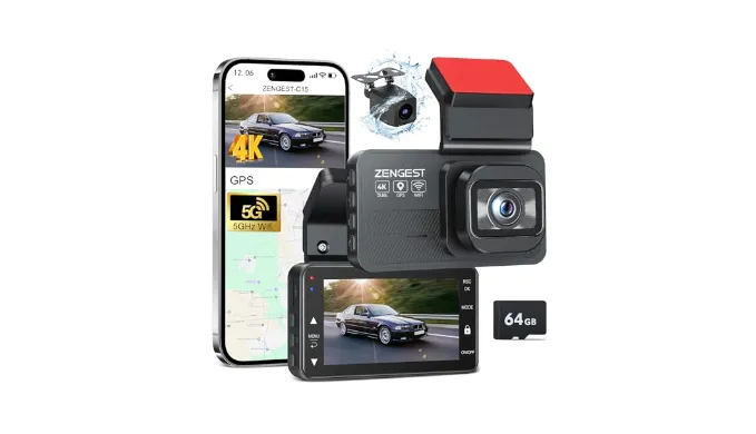 Dash Cam Front and Rear, 4K+1080P FHD Dual Dash Cam with ADAS, GPS, 5G WiFi & App Control, 64GB Card Included, G-Sensor, Night Vision, Loop Recording, 170°Wide Angle, WDR, 24H Parking Mode