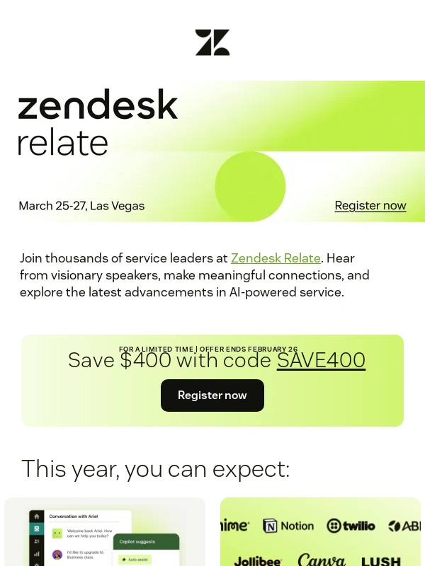 Zendesk - RSVP: Your $400 discount code expires Feb 26