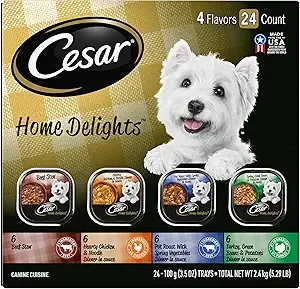 Cesar Home Delights Adult Wet Dog Food, Pot Roast with Spring Vegetables, Beef Stew, Turkey, Green Beans, & Potatoes, and Hearty Chicken & Noodle Variety Pack, 3.5 oz. (24 Count, Pack of 1)
