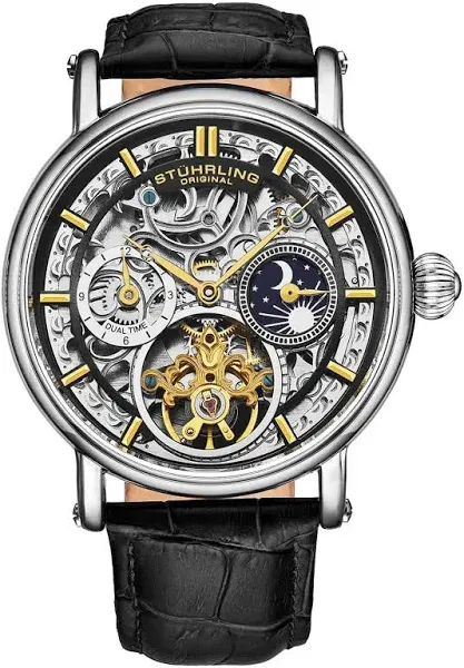 Stuhrling 4000 Legacy Automatic Dual Time Skeleton Am/pm Leather Mens Watch