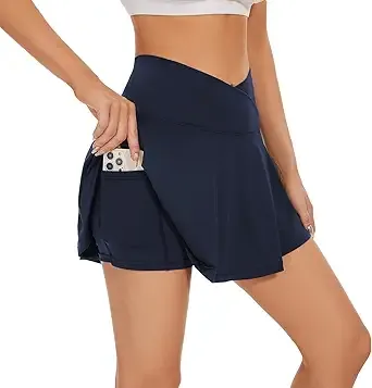bpbtti Womens Pleated Tennis Skirt Crossover Golf Skorts Skirts with Pockets Activewear Summer Workout Running Shorts (Navy, XXL)