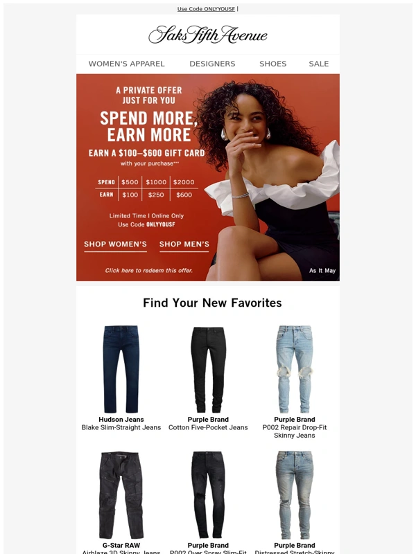 Saks Fifth Avenue - Private offer reminder: Earn a $100–$600 gift card + Pants we think you'll love