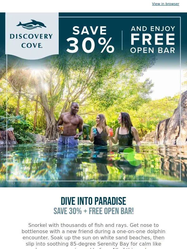 Discovery Cove - ? Sale Extended: Save 30% + Get Free Premium Drink Package
