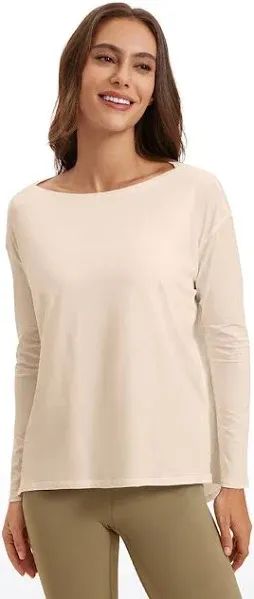 Crz Yoga Pima Cotton Long Sleeve Workout Shirts for Women Loose Fit Athletic Yoga T-Shirts Casual Boat Neck Fall Tops