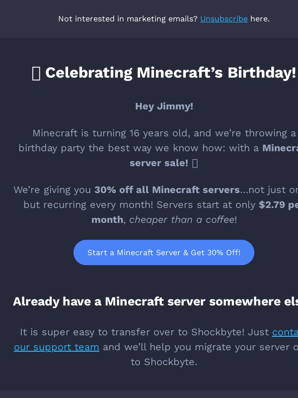 SHOCKBYTE - Fwd: ? Minecraft Turns 16 — Celebrate With 30% Off (Forever)!