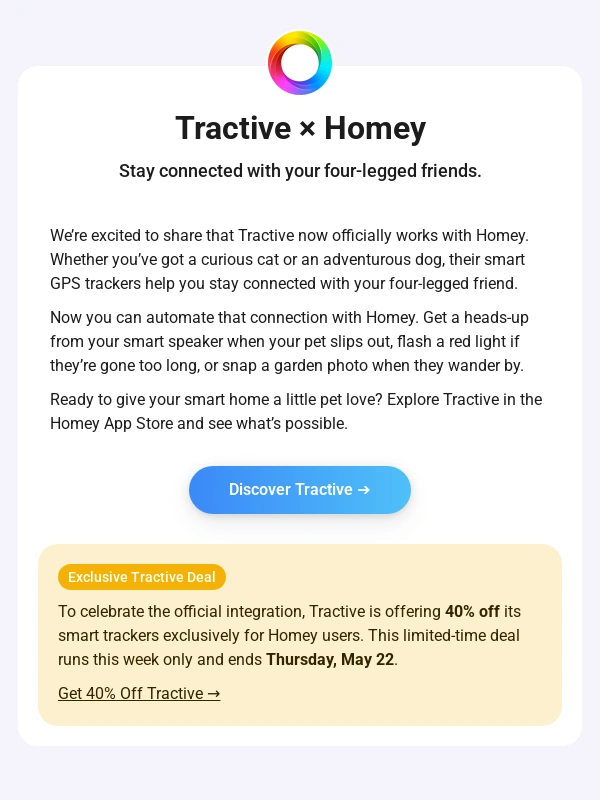 Homey - ?️ Homey Newsletter • Tractive × Homey • Creating a Smart Gym