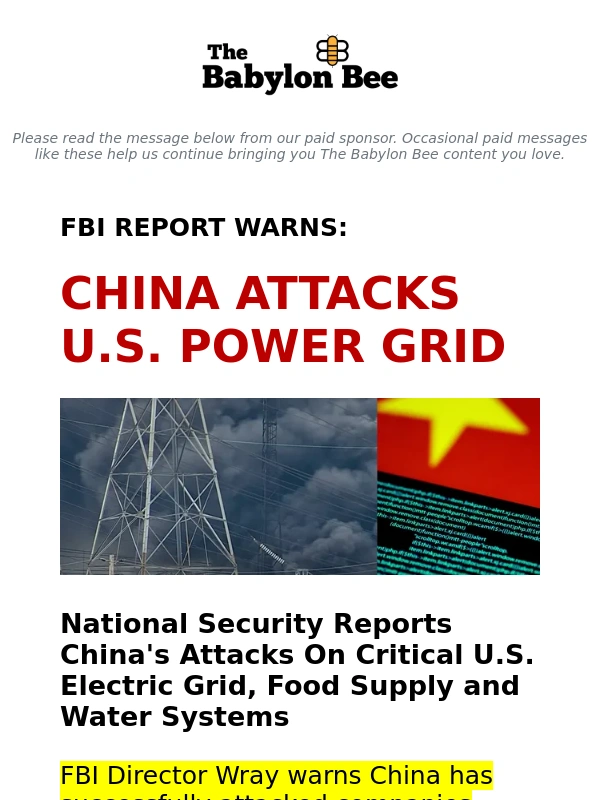 Babylon Bee - FBI Alert: China Attacks U.S. Power Grid