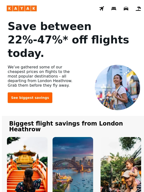 Kayak - Save between 22% to 47%* off select flights from London Heathrow ✈️